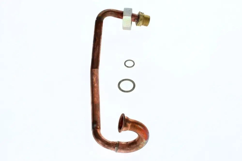 BOSCH Rohr aus Kupfer mit einer geschwungenen Form, ausgestattet mit unterschiedlichen Dichtungen und einer Verbindungsmutter.